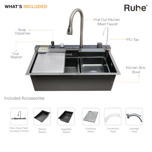 Image of Ruhe Piano Black Smart Waterfall Kitchen Sink | 30x18x9 inches | Digital Display, Pull-Out Faucet & RO Tap | 304-Grade Stainless Steel Single Bowl Sink | Automatic Cup Washer | Multi-Functional Sink