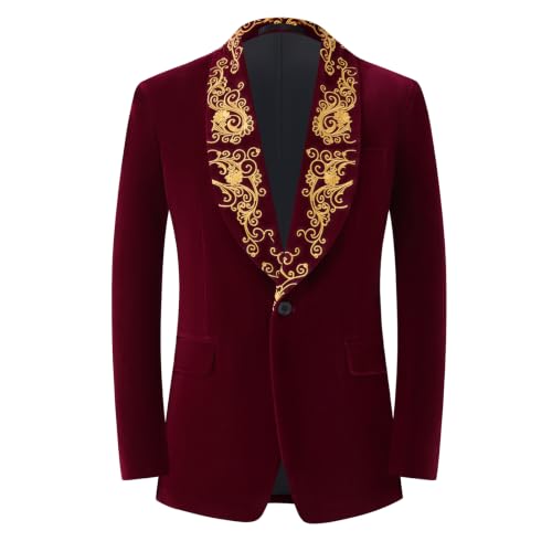 DAMANGUAN Men's Velvet Blazer, Gold Embroidered Suit Jacket, Black Tuxedo for Wedding Party Prom (US, Alpha, Medium, Regular, Regular, Burgundy) - image 1