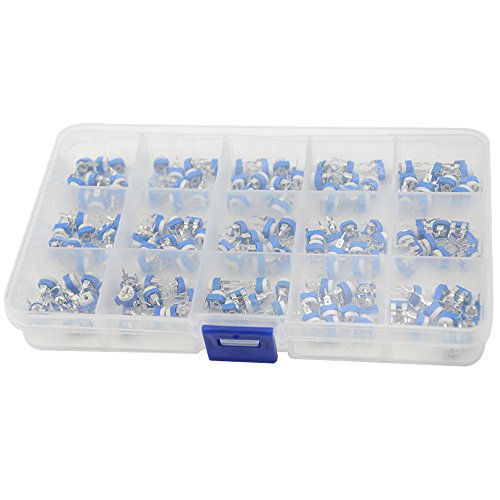 XLX 150PCS Variable Resistor Trimmer Potentiometer Assorted Kit 1/10 Watt 100 to 1M Ohm 15 Values (10pcs for Each Value) with Storage Box