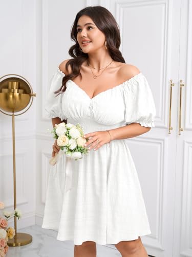 Image of SCOMCHIC Womens Plus Size Summer Dresses Casual Sun Dress Sweetheart V Neck Puff Short Sleeve Smocked A Line Mini Dress
