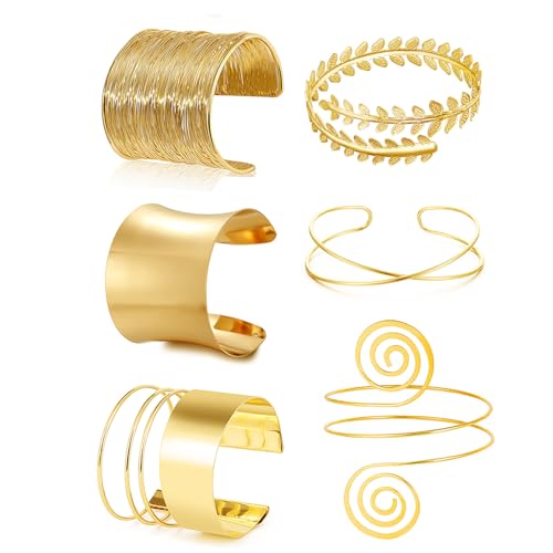 BROCC 6PCS Gold Cuff Upper Arm Band Bracelets for Women Gold Wrist Cuff Wrap Wide Wire Bracelet Open Adjustable Armband Set