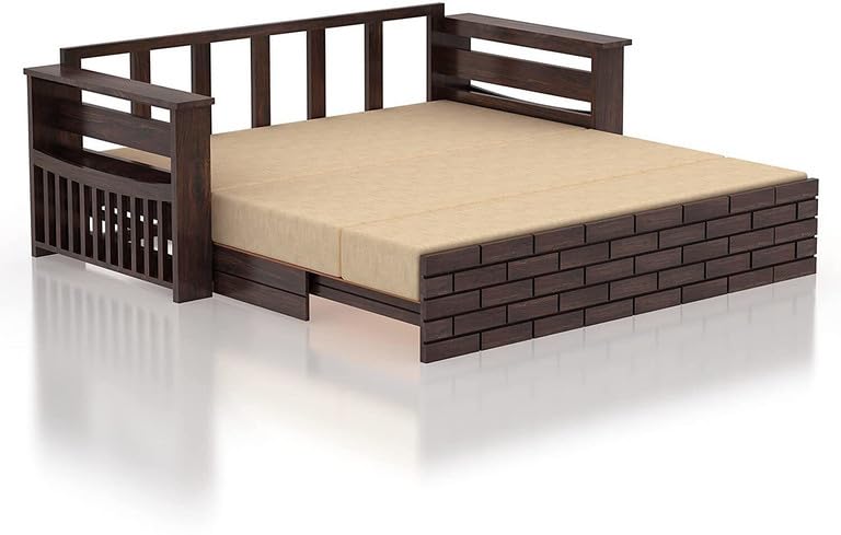 Image of Solid Sheesham Wood Sofa Cum Bed 3 Seater | Wooden Foldable Double Bed for Living Room with Headboard & Storage | Bed Cum Sofa with Mattress for Bedroom Furniture (Walnut Finish)