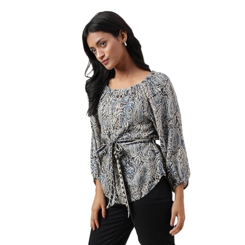 Haut régulier imprimé Fabindia marron clair et bleu, coupe fluide S