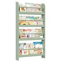 FOREHILL Kids Bookcase Wall Mounted Bookshelf 4 Tier Children's Book Organizer Display Storage Rack Wooden for Children's Room Nursery 58x12x111cm Green