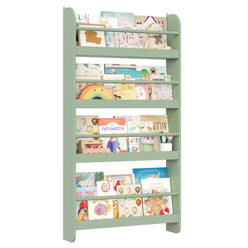 FOREHILL Bücherregal Kinder, Wandregal mit 4 Ablagen, Kinderregal für Bücher Spielzeug, Hängeregal Dekoregal für Kinderzimmer Leseecke, Aufbewahrungsregal aus Holz, HBT: 111x58x12cm, grün