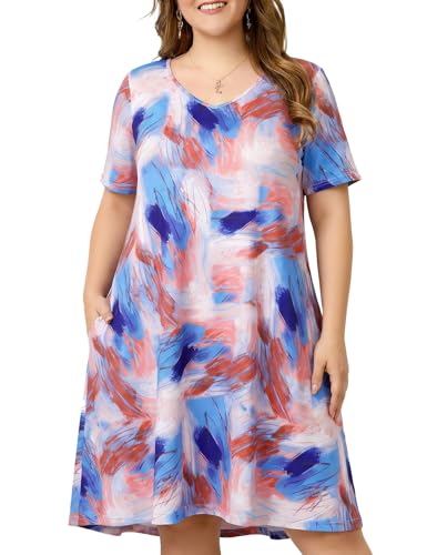 Image of OVERWORETY Womens Short Sleeve Plus Size T-Shirt Dress V Neck Casual Loose Swing A-Line Summer Tunic Dresses with Pockets