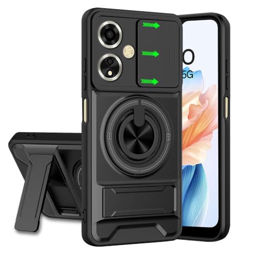 Image of Oppo A59 5G Back Cover | Armor Camera Slider 360 Degree Rotating Finger Ring Holder Case with Bracket Stand Back Case Cover (Compatible with MagSafe Accessories) (Black)
