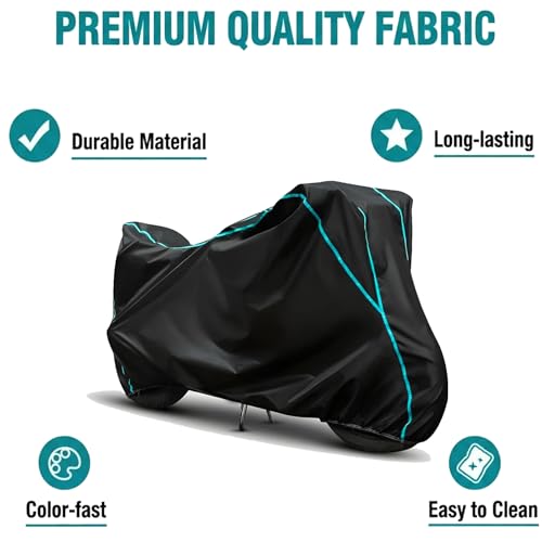 Image of Waterproof Bike Body Cover Compatible for | Indus Crux S Base | Taffeta Fabric, Sky Piping Design, Bottom Elastic Fit | Dustproof, Sun UV & Rain Protection for All Weather.