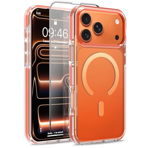 Image of Magnetic Case for iPhone 17 Pro Max [Compatible with Magsafe] [Anti-Yellowing] [1 Screen Protector] Slim Clear Iridescent Case for iPhone 17 Pro Max 6.9 inch 2025, Orange