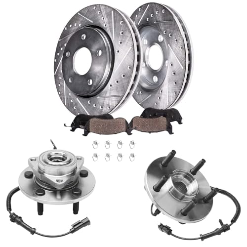Image of Detroit Axle - Front Wheel Bearing Hubs Brake Kit for 2009-2011 | Dodge Ram 1500, Wheel Bearing Hubs Drilled Slotted Disc Brake Rotors Ceramic Brake Pads Replacement 13.23 inch inch Rotor