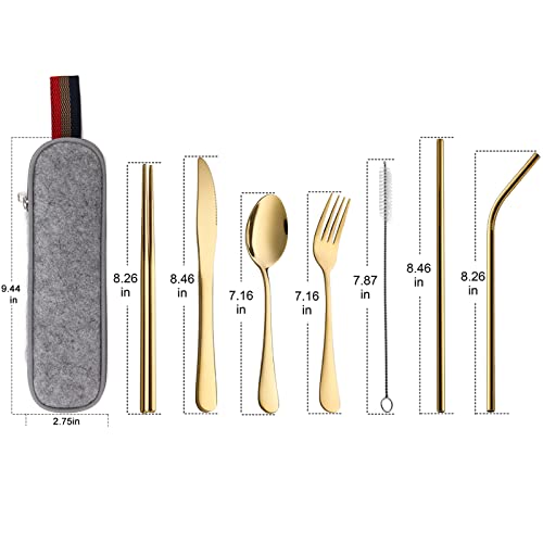 DEVICO Portable Utensils, Travel Camping Cutlery Set, 8-Piece including Knife Fork Spoon Chopsticks Cleaning Brush Straws Portable Case, Stainless Steel Flatware set - immagine 3