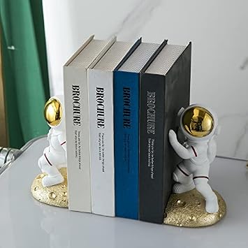 Space Themed Decorative Bookends - Astronaut Moon Theme (Silver, Black, White) - 2 Pieces