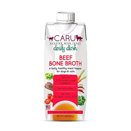 Caru - Daily Dish Beef Bone Broth - Meal Topper for Dogs & Cats - Supports Overall Pet Health - Pour-Over Broth for Wet/Dry Food - Human Grade Ingredients - Non-GMO - Made in USA - 17.6 oz - 1 Pack