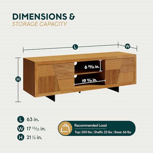 Image of Bme Trapeze TV Stand for Living Room - Wooden Media Console with Storage, Metal Legs, Large Teak Brown TV Stand for Stylish Home Entertainment Setup