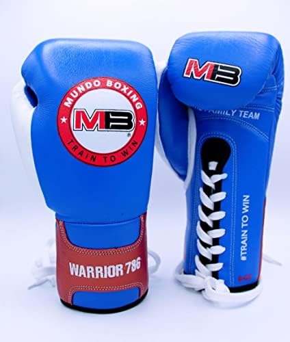 MUNDO BOXING Professional Boxing Gloves, Cow Hide Leather Pro Lace-Up Competition Gloves, Padded Wrist Support, Multi-Layered, Traditional Extra Long Laces for Firm Secure Fit - Warrior 786