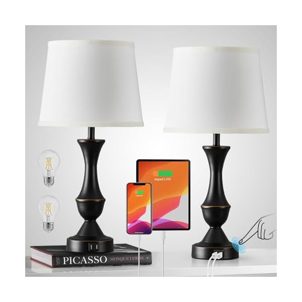 Touch Table Lamps Set of 2, 22" Tall Bedside Lamps with USB C+A Ports, 3-Way Dimmable Nightstand lamps, Table lamp for Bedrooms, Living Room, Office, Black Lamp with White Lampshade, Bulbs Included - Image 3