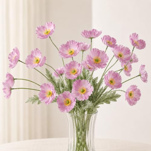Image of CURATED CART Artificial Flowers Bunch of 2 Poppy Purple Flowers, 70cm Real Touch Fabric Flowers with Stems, 4 Blooming Heads, Fake Flowers for Home Decor, Party, Wedding, Party Decorations