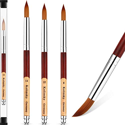 3 Pieces Kolinsky Acrylic Nail Brush, Acrylic Nails Art Brush with 2-Color Stitching Design Round Wood Handle for Acrylic Application Manicure (Size 8, 10, 14)
