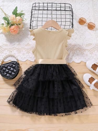 Image of TAGAS Toddler Girls Polka Dot Ruffle Trim Belted Mesh Dress Floral Pattern Frock for Girls (KD-1015)
