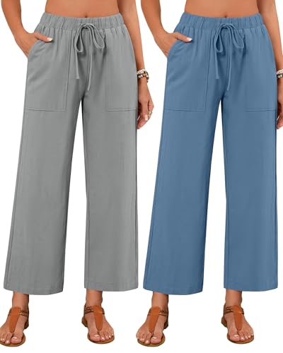 Neer 2 Pack Women’s Linen Pants with Pocket, Casual Summer Drawstring Beach Pants High Waisted Wide Leg Loose Palazzo Trouser