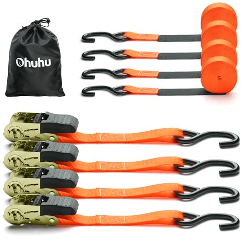 Ohuhu Ratchet Tie Down Straps - 4 Pack - 15 Ft - 500 Lbs Load Cap with 1500 Lb Breaking Limit, Cargo Car Truck Roof Rack Ratchet Strap Set for Lawn Equipment, Moving Appliances, Motorcycle - Orange