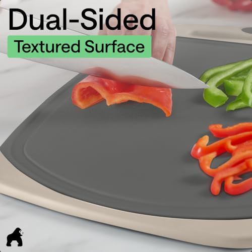 Image of GORILLA GRIP BPA-Free Reversible Kitchen Cutting Board Set of 3, US Designed, Nonporous, Juice Grooves Catch Liquid, Slip Resistant Border, Dishwasher Safe, Durable Food Chopping Boards, Gray Almond
