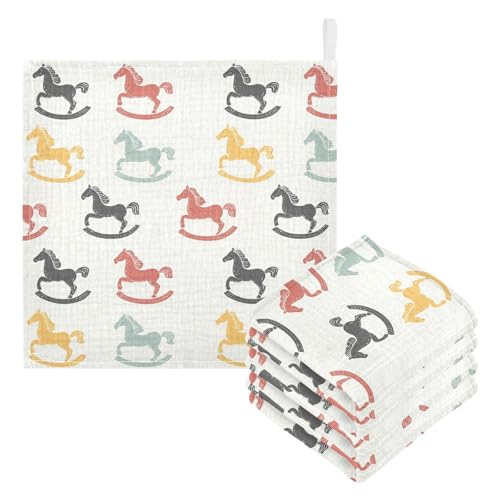vvfelixl Cartoon Colorful Toy Rocking Horse Baby Burp Cloths Baby Muslin Washcloths for Boys Girls Cotton Babys Face Towel for Newborn Infants Soft and Absorbent 11.8 X 11.8 in, 5 Pack3