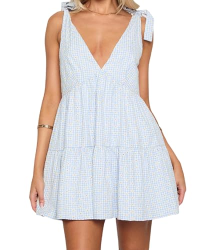 Image of Women Y2k Tie Shoulder Mini Dress Sleeveless Flowy Babydoll Dress Boho Floral Aline Short Sundress