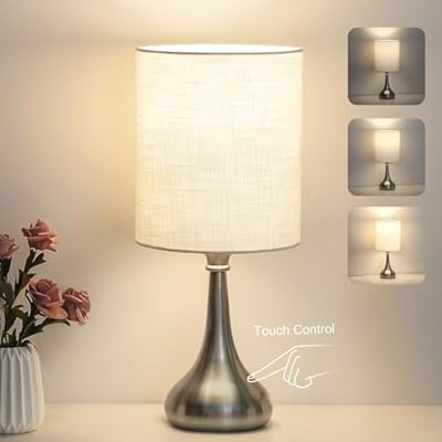 Boncoo Touch Control Table Lamp, 3 Way Dimmable Simple Night Light Lamp with White Lampshade Silver Metal Base, Small Bedside Table Lamp for Bedroom, Office, Dorm, A19 9W 3000K Bulb Included