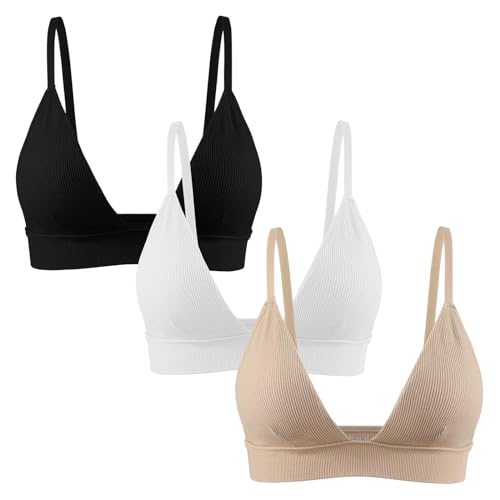 INIBUD Bralettes for Women Ribbed Seamless Padded Bra Wireless Triangle Plunge Cami Bra Adjustable Spaghetti Strap Top