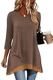 Poetsky Womens Long Maternity Tshirts Loose Fit Casual Blouses Basic 3/4 Sleeve Tunic Tops to Wear with Leggings, Coffee, XXL