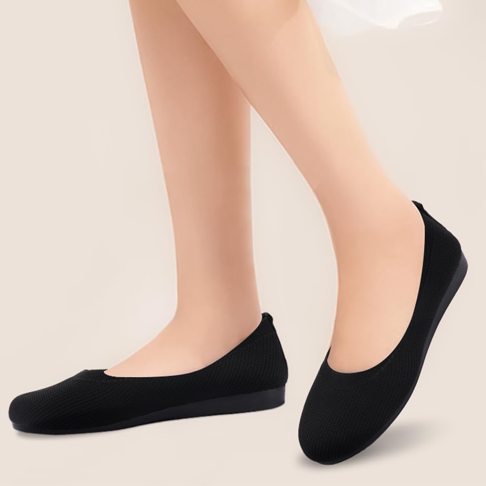 OFFCUP Damskie płaskie buty o szerokiej szerokości, dzianinowe buty baletowe, czarne, na co dzień, miękkie, oddychające, okrągłe, balerinowe, płaskie, odpowiednie na zakupy, imprezy, do pracy i na