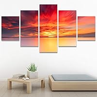 SIGNWIN 5 Panel Canvas Wall Art Coastal Orange Photography Relax/Calm Romantics Sunset Warm for Home Decorations Ready to Hang - 60