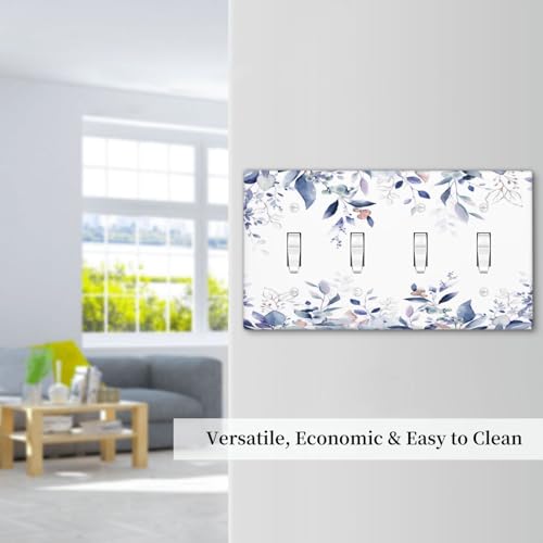 Decorative Switch Plate Covers Rustic Ink Blue Eucalyptus Leaves Sage leaf 4 Gang Light Switch Cover Plate Quad Toggle Wall Plate Light Switch Covers for Bedroom Home Decor