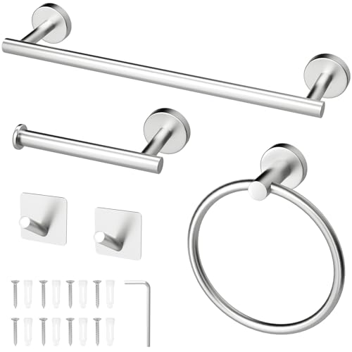 Kacunoki Toalleros de Baño de 5 Piezas 40cm Juego de Accesorios de Baño Soporte para Papel Higiénico de Pared Acero Inoxidable Gancho para Toallero de aro de Baño Montaje con Tornillos, Plata
