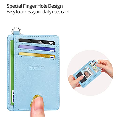 Image of Slim Minimalist Front Pocket Wallet, RFID Blocking Credit Card Holder Wallet with Detachable D-Shackle for Men Women, Goatskin Skyblue, Small