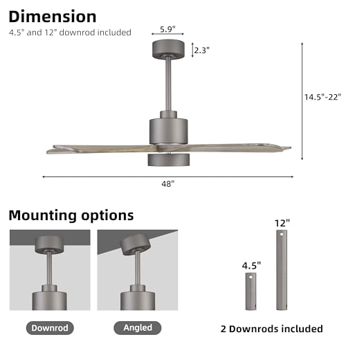 Image of WINGBO 48 Inch DC Ceiling Fan with Lights and Remote Control, 5 Carved Solid Wood Blades, 6-Speed Noiseless Reversible DC Motor, Indoor Ceiling Fan in Graphite Finish with Gray Blades