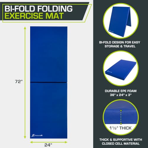 Image of ProsourceFit Bi-Fold Folding Thick Exercise Mat 6'x2' with Carrying Handles for MMA, Gymnastics Core Workouts