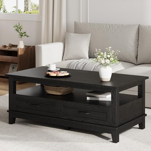 IDEALHOUSE Black Coffee Table with Drawers, 47.2” Rustic Center Table with Open Shelf and 6 Support Legs, Wood Grain Living Room Table with Storage