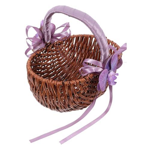 Lurrose Cesta Tejida para Niña Flores para Boda Asa Morada, Cesta de Pétalos Rústica Artesanal, Accesorio para Ceremonia Nupcial y Fiesta Romántica