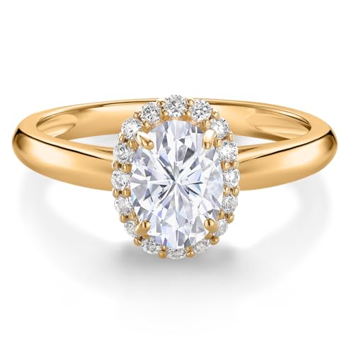 Gem Stone King 10K Yellow Gold Customized and Personalized 7X5MM Oval Gemstone Birthstone and White Lab Grown Diamond Halo Engagement Ring For Women