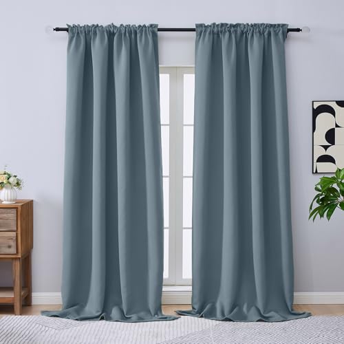 Image of Stone Blue Blackout Curtains 96 Inch Length 2 Panels Set, Solid Thermal Insulated Room Darkening Soft Fabric Privacy Curtains for Sliding Door, Dual Rod Pocket Window Drapes, 2x50Wx96L Inches
