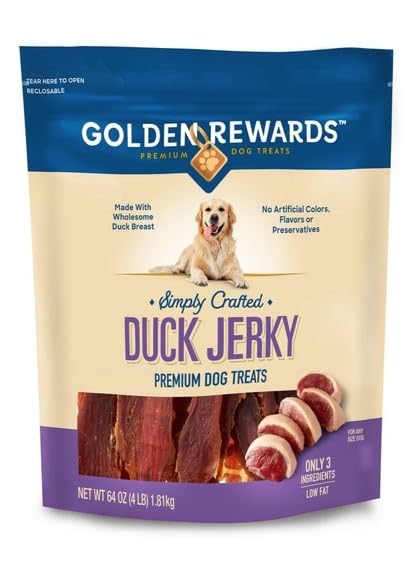 Golden|Rewards Duck Jerky Premium Treats for Dogs 64 oz Grain-Free Natural Chews Low Fat High Protein for All Dog Sizes