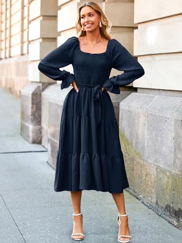 Image of Simplee Womens Long Sleeve Maxi Dress Casual Square Neck Smocked Flowy Fall Wedding Guest Dresses