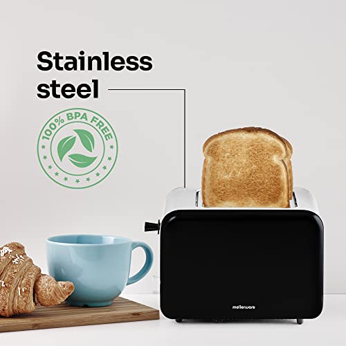 Mellerware Crispy Toaster, Original-Design, drei Farben, 2 Schlitze à 14 x 4 cm, Aufwärmen und Auftaufunktion, Krümelschublade (schwarz)