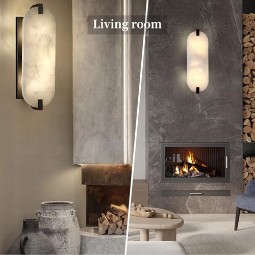 Image of 15.7 inch Natural Oval Alabaster Marble Modern Concise 2 Pack 2 Light Wall Sconce Fixture,Black Finish for Bathroom Bedroom Hallway Bedside Staircase Vanity Mirror