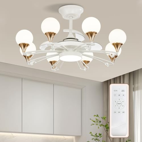 Depuley White Chandelier with Fan Modern: 8 Lights Milky Globe Fandelier Ceiling Fan with Remote for Bedroom - 34" Retractable Fan for Living Dining Room - Sputnik Fandelier for Low Profile Indoor