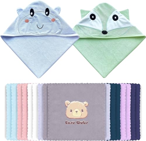 Image of Ease Cubs 18-Piece Baby Hooded Bath Towel Rayon Derived from Bamboo and Microfiber Washcloth Sets for Infant, Toddler - Hippo, Fox