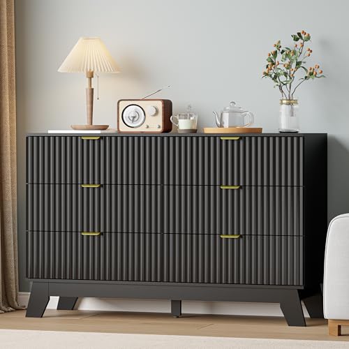Image of Black Dresser 6 Drawer Dresser for Bedroom, 47''W Fluted Wooden Dresser Storage Cabinet and Chest of Drawers with Metal Handle, Storage Organizer for Living Room, Hallway, Entryway