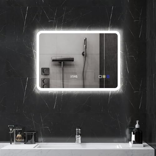 HOMCOM Espejo de Baño con Luz LED Bluetooth 70x50 cm Espejo de Pared con 3 Colores de Luz Reloj Digital Brillo Ajustable Función Antivaho Función de Memoria Interruptor Táctil IP44